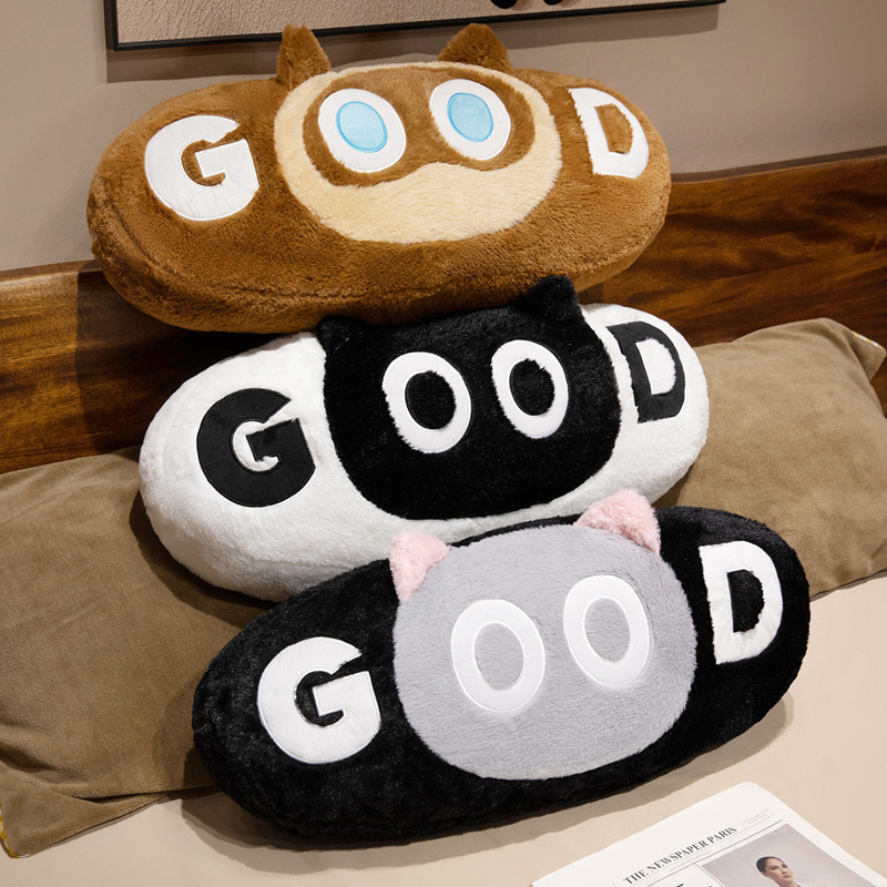 GOOD cat plush pillow in black, white, and brown colors, soft fluffy cushion with cute cat design for sofa, bed, and home decor