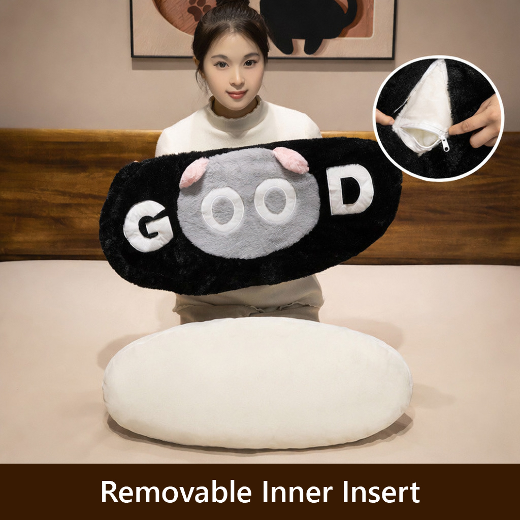 GOOD cat plush pillow with removable inner insert, featuring a dual zipper design for easy cleaning and convenient maintenance