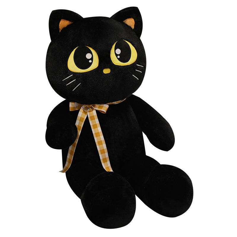 Black cat plush toy with ribbon, soft stuffed animal with smooth plush fabric and PP cotton filling for hugging and decor