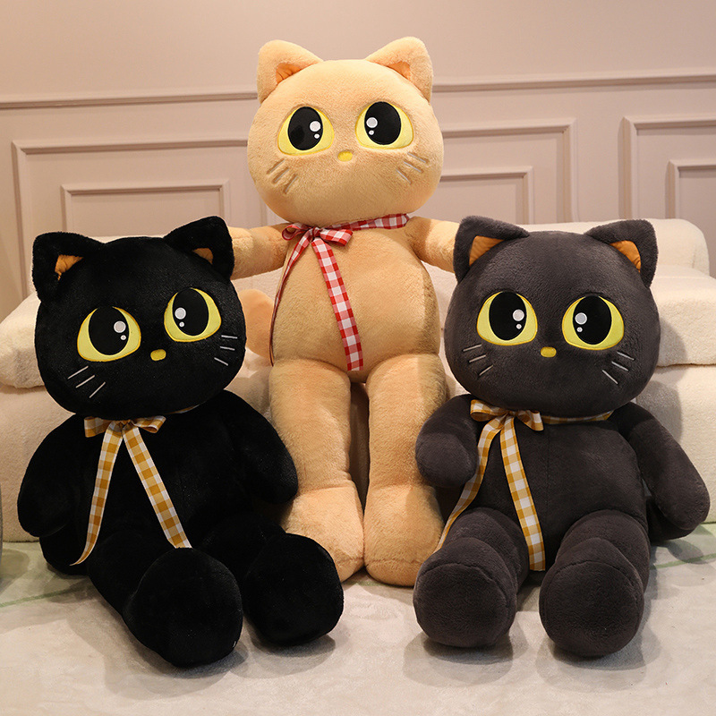 Cat plush toys in multiple colors with ribbon detail, soft stuffed animals for cuddling, relaxing, and decorative home styling