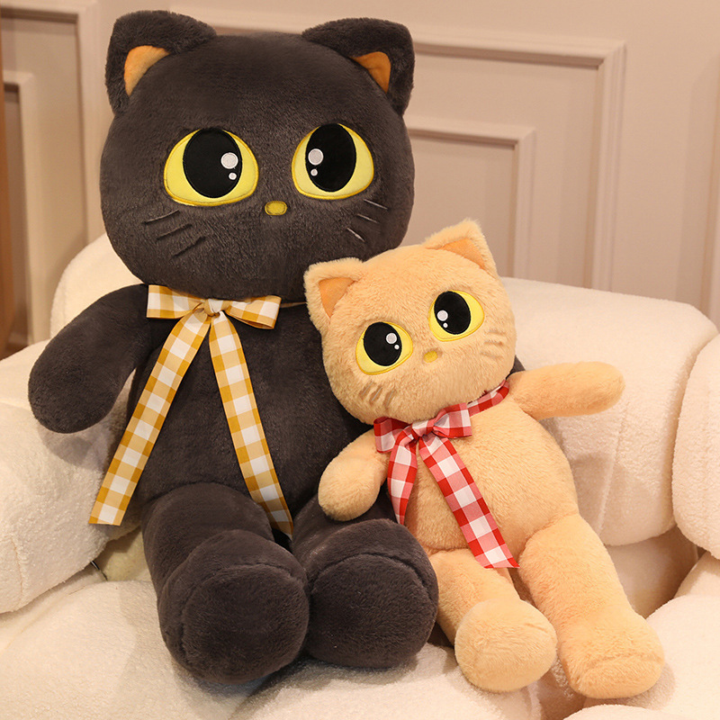 Cat plush toys in different sizes with ribbon detail, soft stuffed animals for hugging, relaxing, and cozy home use