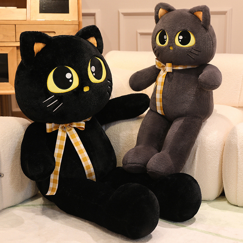 Cat plush toys in black and gray with ribbon detail, soft stuffed animals for cuddling and home decor