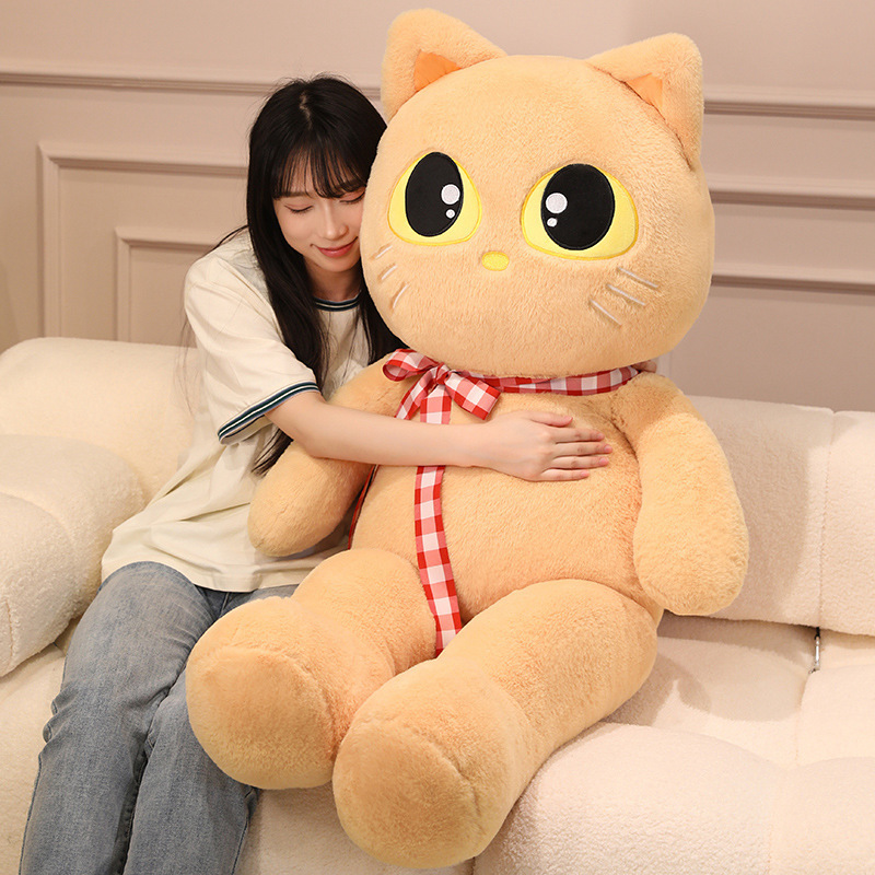 Cat plush toy with ribbon, soft stuffed animal perfect for hugging, relaxing, and adding a cozy touch to living spaces
