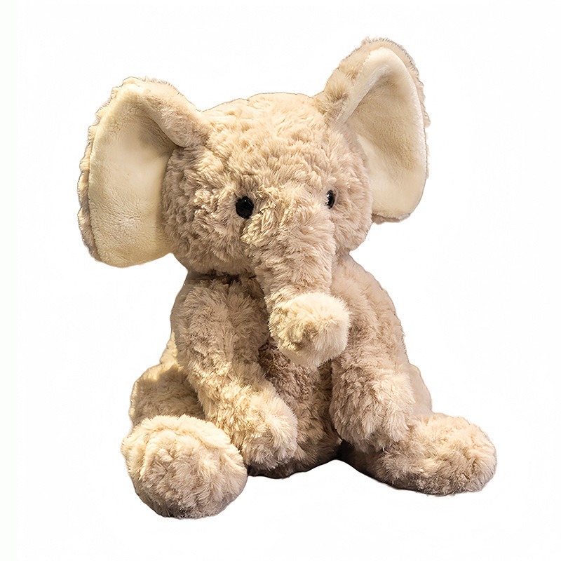Elephant plush toy in sitting design with plush fabric and PP cotton filling, soft and huggable stuffed animal on white background