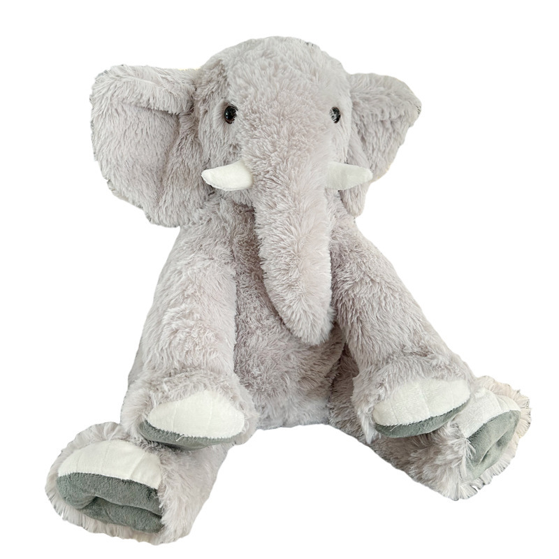 Gray elephant plush toy front view on white background, soft cuddly stuffed animal with detailed design