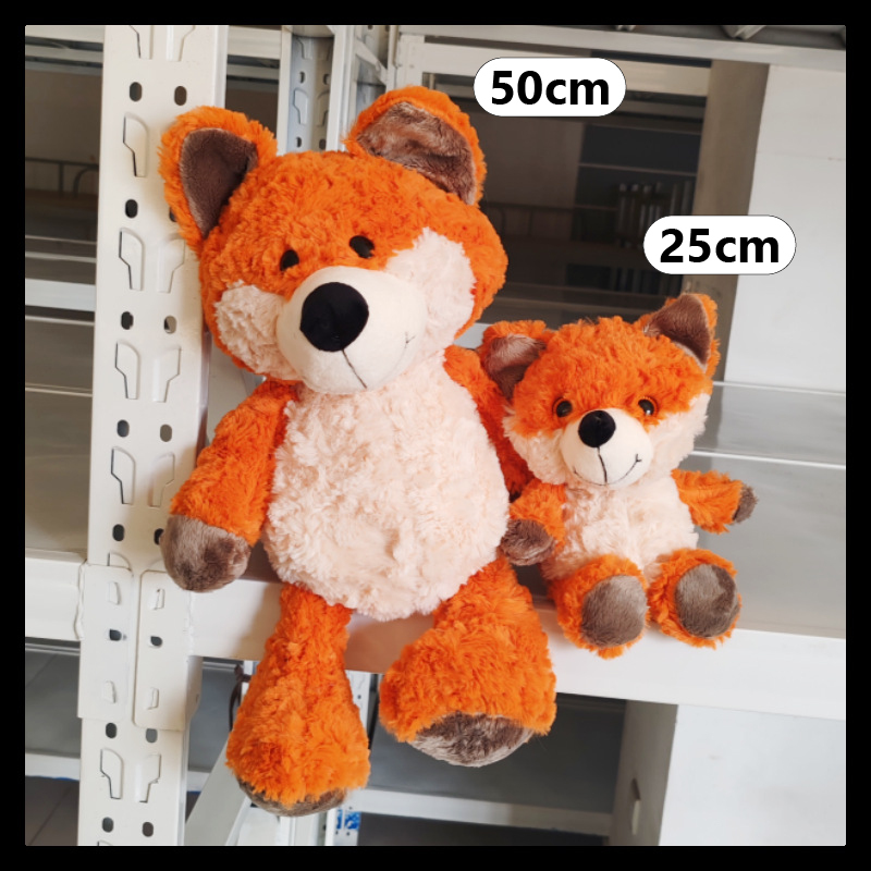 Fox plush toy size comparison showing 25cm and 50cm soft stuffed animals with fluffy texture for hugging and cozy display
