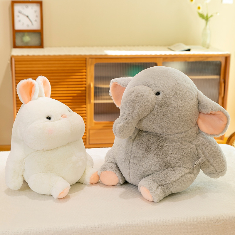Chubby rabbit and elephant plush toys displayed in a cozy home setting, soft cuddly stuffed animals ideal for bedtime comfort, relaxation and decorative use