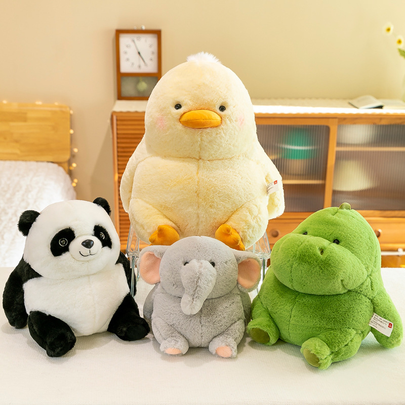 Chubby animal plush toys featuring duck, panda, elephant and dinosaur in a warm indoor setting, soft plush companions perfect for hugging, lounging and home decoration