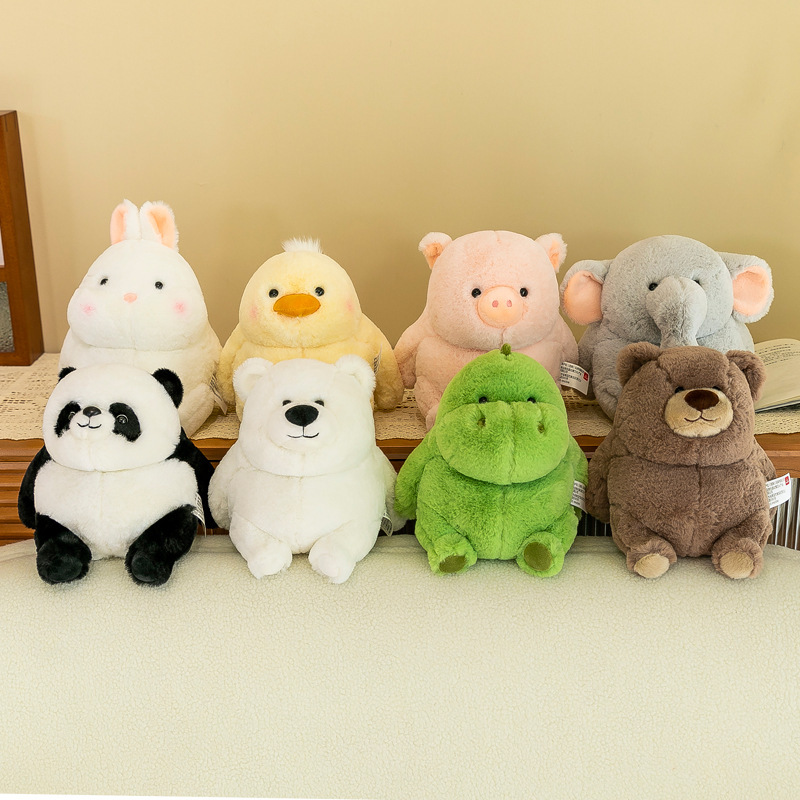 Chubby animal plush toys including rabbit, duck, pig, elephant, panda, bear and dinosaur displayed on sofa, soft and cozy stuffed animals for home decor and relaxation
