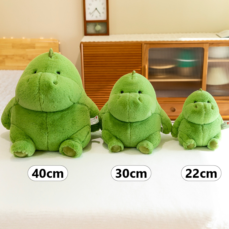 Chubby dinosaur plush toy size comparison showing 22 cm, 30 cm and 40 cm options, soft green stuffed animal for hugging, collecting or decorating cozy spaces