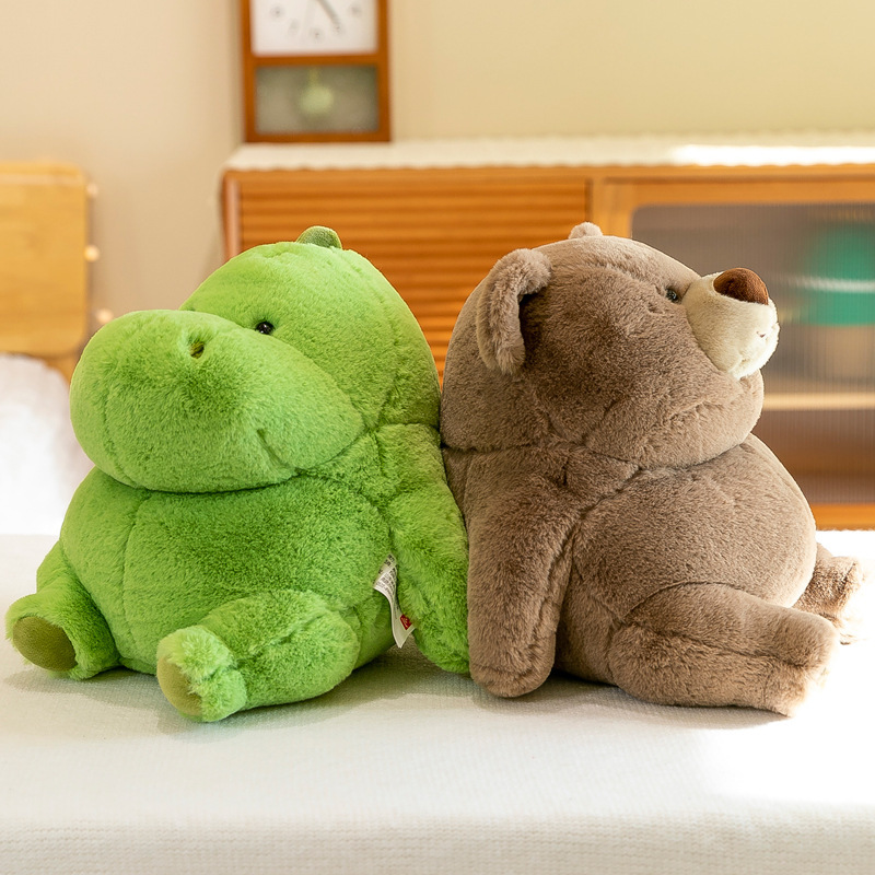 Chubby dinosaur and bear plush toys in side view with rounded shape and soft plush fabric, cute stuffed animals for hugging, relaxing and home decoration