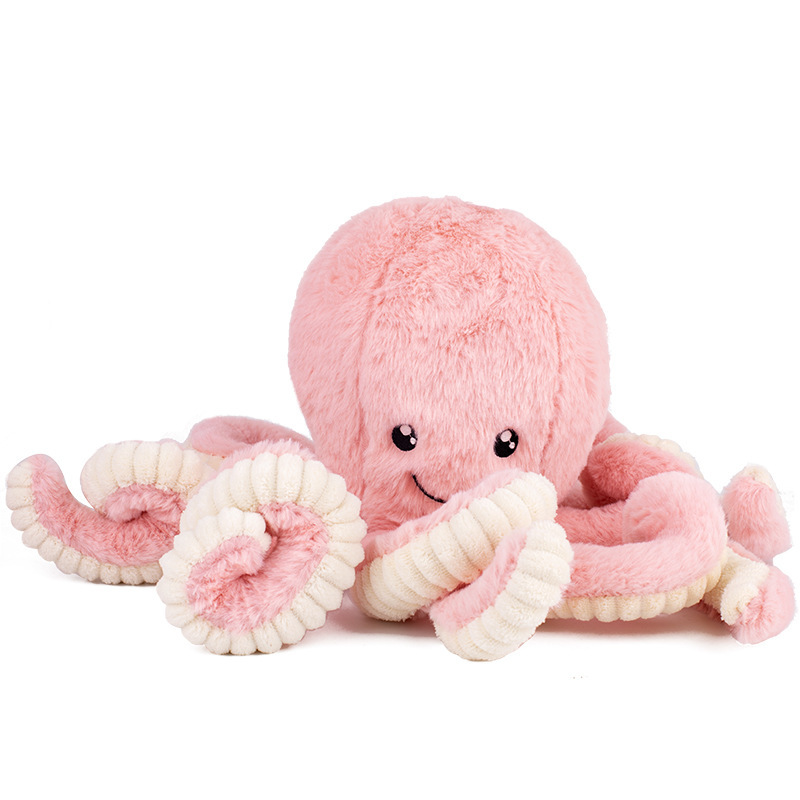 Pink octopus plush toy with soft texture and curly tentacles on a white background, cute stuffed animal for hugging and decoration