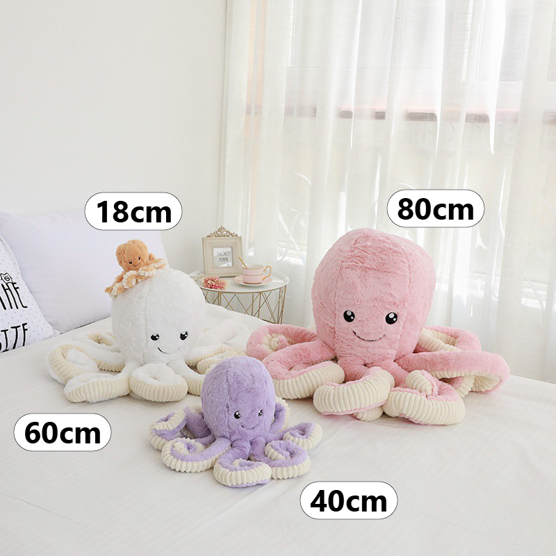 Octopus plush toy size comparison showing 18 cm, 40 cm, 60 cm and 80 cm options for different display and hugging needs