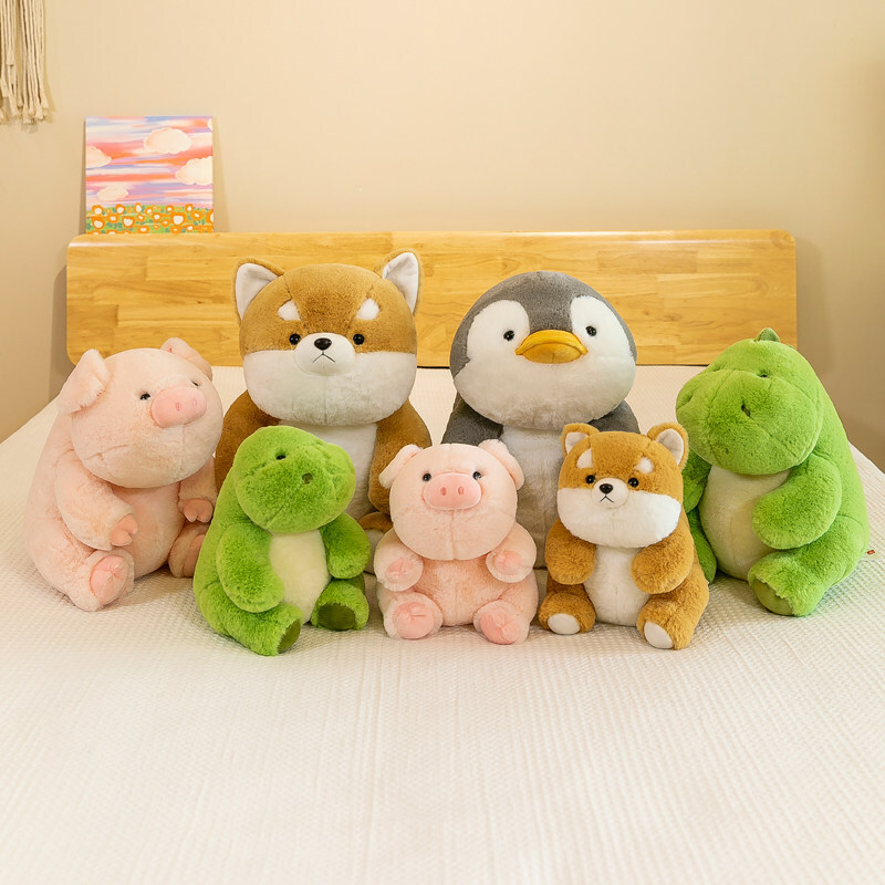 Companion plush toy collection with Shiba Inu, penguin, dinosaur and pig in soft cozy bedroom setting, perfect for hugging and decor