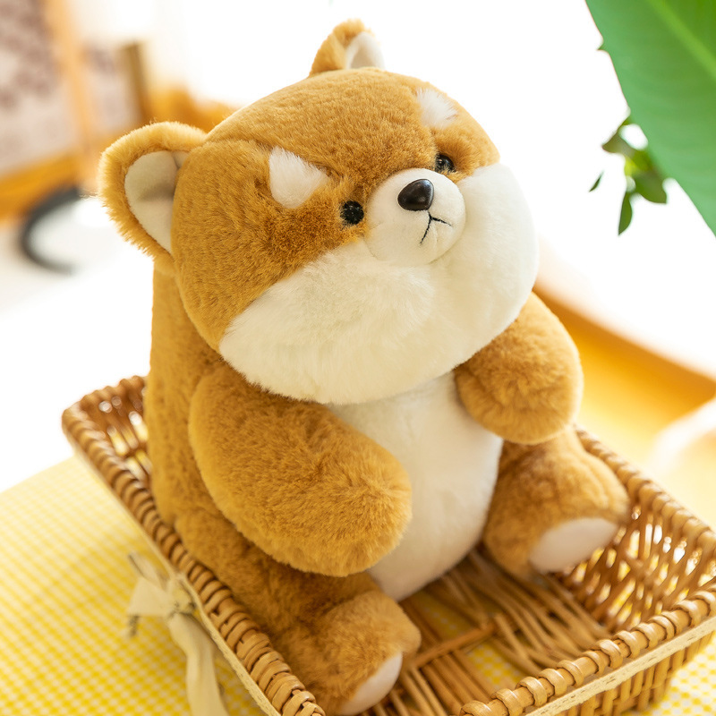 Shiba Inu companion plush toy sitting in basket with soft plush fabric, cute and cozy for hugging and home decor
