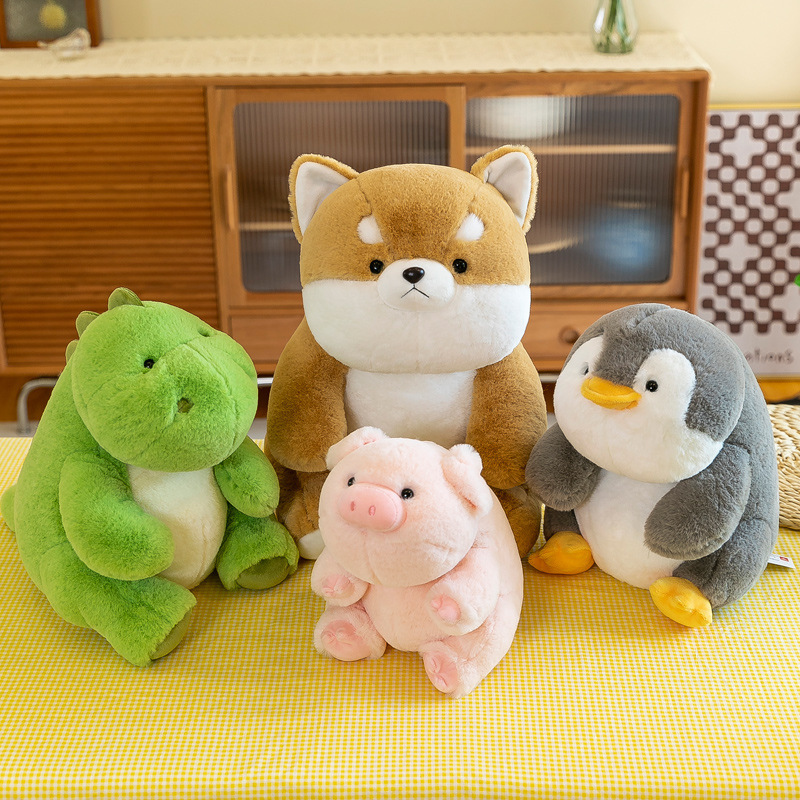Companion plush toys featuring Shiba Inu, penguin, dinosaur and pig with soft fabric and rounded design, ideal for comfort and cozy decor