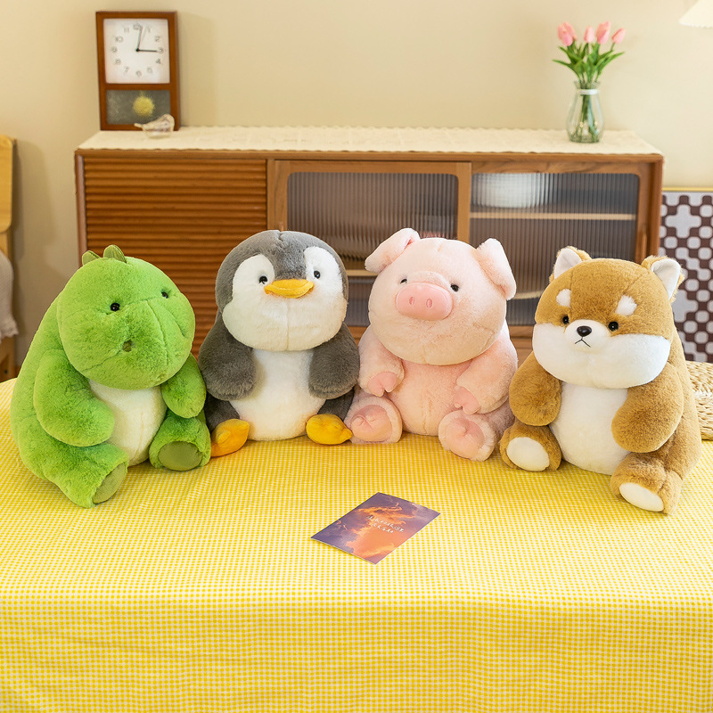 Companion plush toys including Shiba Inu, penguin, dinosaur and pig with soft plush texture, ideal for cuddling and cozy home decor
