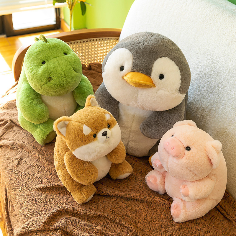 Companion plush toys including dinosaur, penguin, Shiba Inu and pig displayed on sofa, soft cuddly design for comfort and cozy home decor
