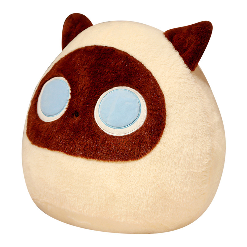 Beige round cat plush pillow with soft plush fabric and chubby shape, ideal as a cute cushion for home use