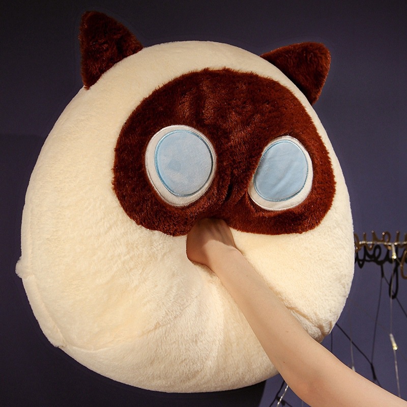 Beige round cat plush pillow with soft plush fabric, squishy and resilient design for hugging and comfort