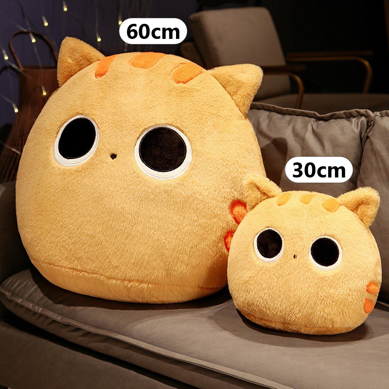 Round cat plush pillow in 30 cm and 60 cm sizes, soft chubby design for hugging and cozy home decor