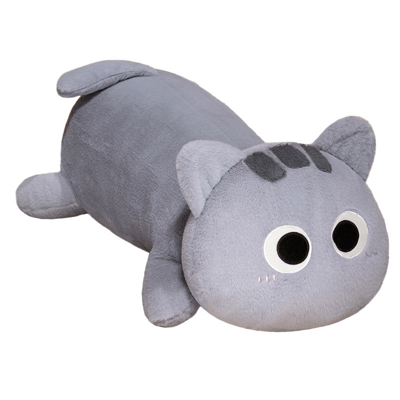 Gray long cat plush pillow isolated on white background, soft stuffed body pillow with cute cat design and smooth plush texture