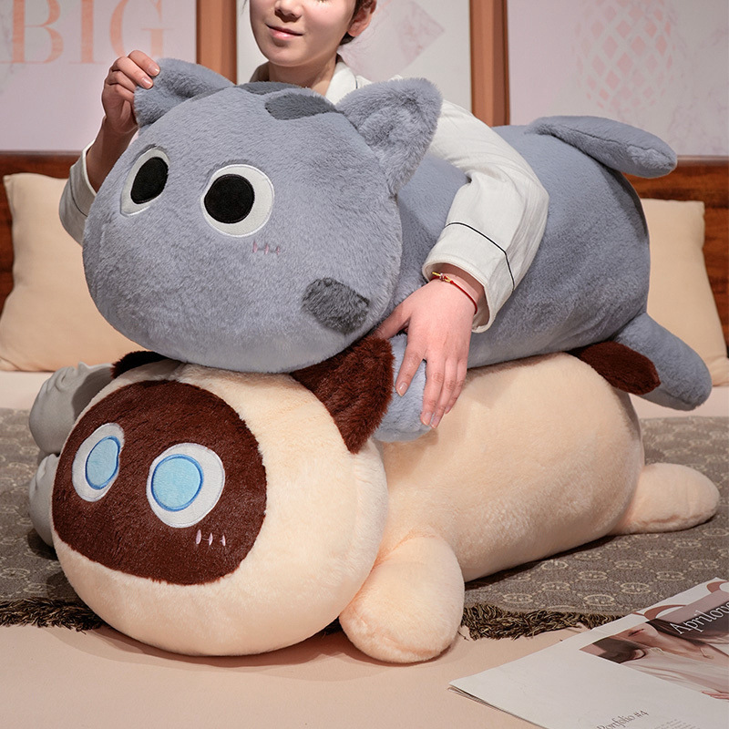 Stacked long cat plush pillows showing size comparison, soft stuffed body pillows for hugging, lounging, and cozy bedroom use