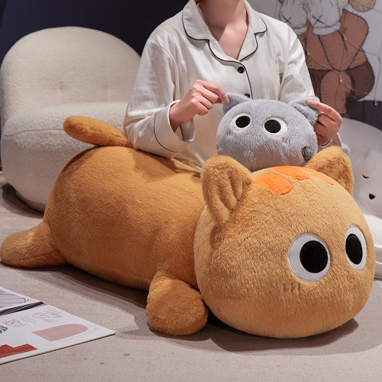 Orange and gray long cat plush pillows being gently pressed, soft stuffed body pillows for hugging, lounging, and relaxing at home