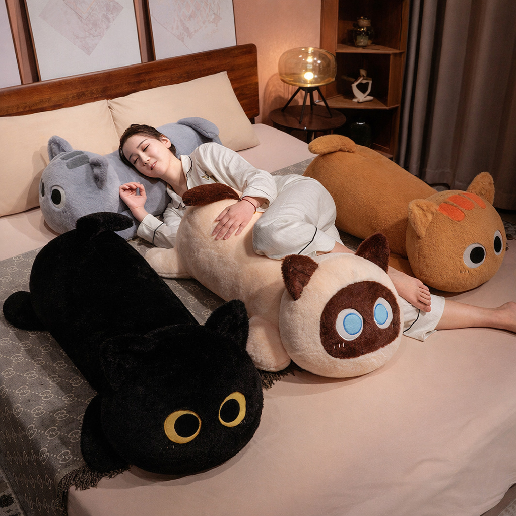 Long cat plush pillows in multiple colors displayed on a bed, soft and cute body pillows for cozy home decor and lounging
