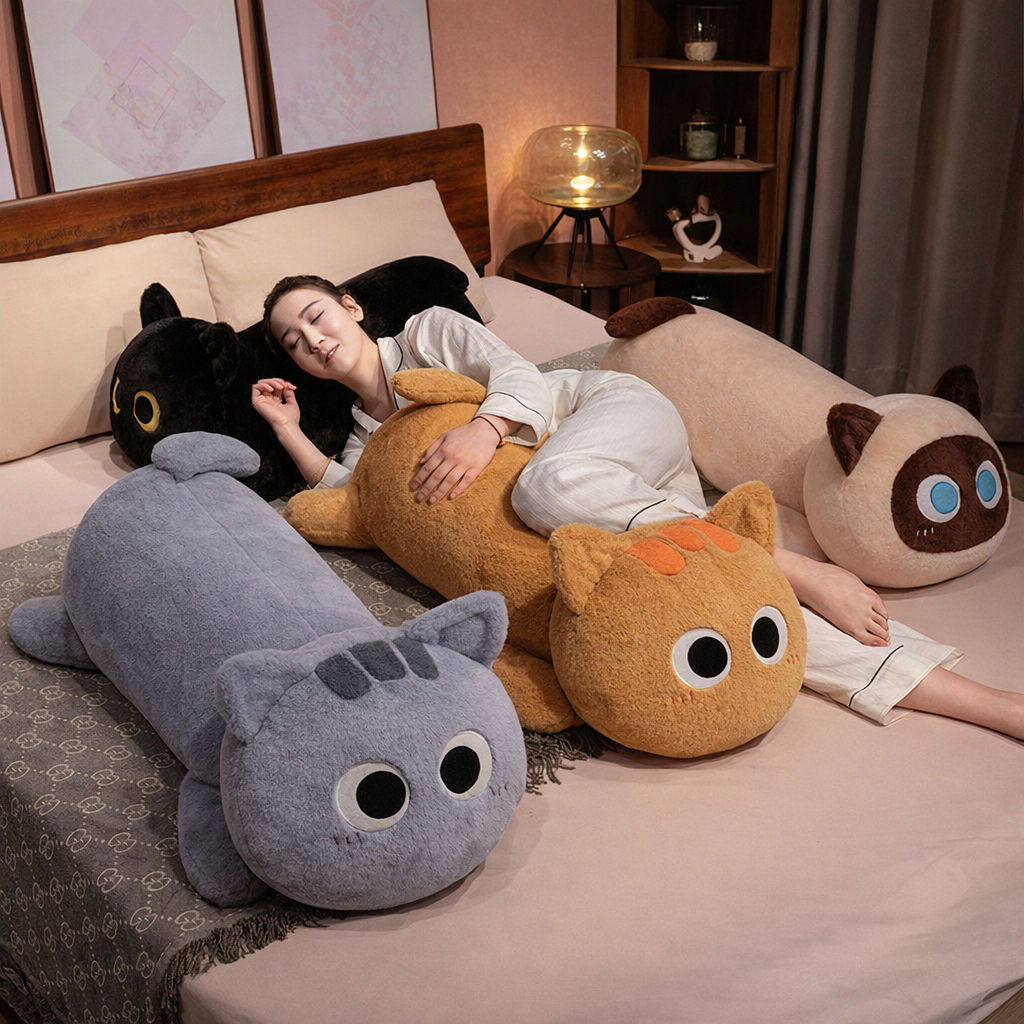Long cat plush pillows in multiple colors arranged on a bed, soft and cozy body pillows for hugging, lounging, and bedroom decor