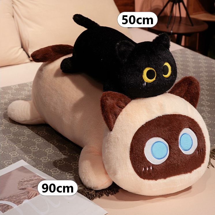 Long cat plush pillow size comparison showing 50 cm and 90 cm, soft elongated body pillow for hugging and sleeping