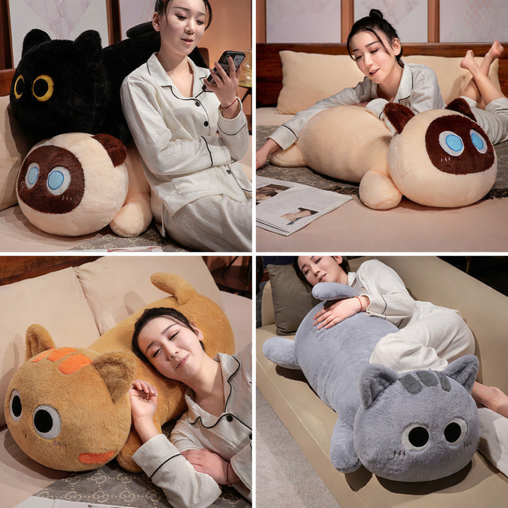 Long cat plush pillows used for hugging, lounging, and sleeping, soft stuffed body pillows in multiple colors for cozy bedroom comfort