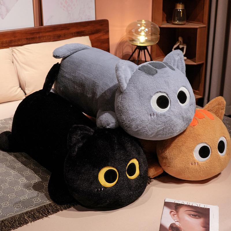 Gray, black and orange long cat plush pillows displayed together, soft stuffed cat body pillows in multiple colors for hugging and bedroom decor