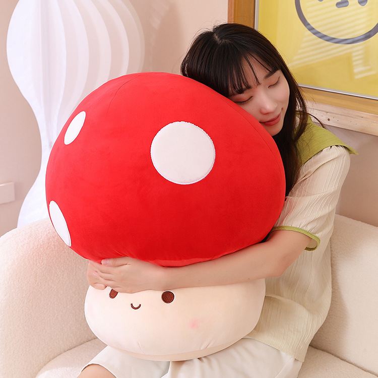 Soft mushroom plush toy designed for hugging and comfort, featuring a plush texture and rounded shape, ideal for relaxing moments or cozy home decor