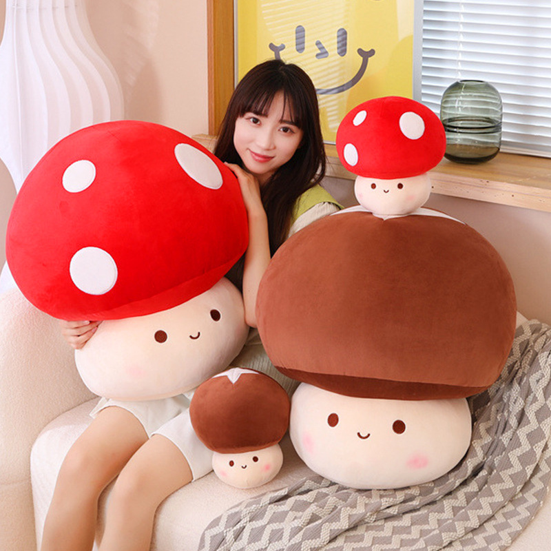 Mushroom plush toys in red and brown colors displayed in multiple sizes, featuring soft textures and a cozy setup, ideal for hugging, decorating sofas, or creating a cute and playful living space
