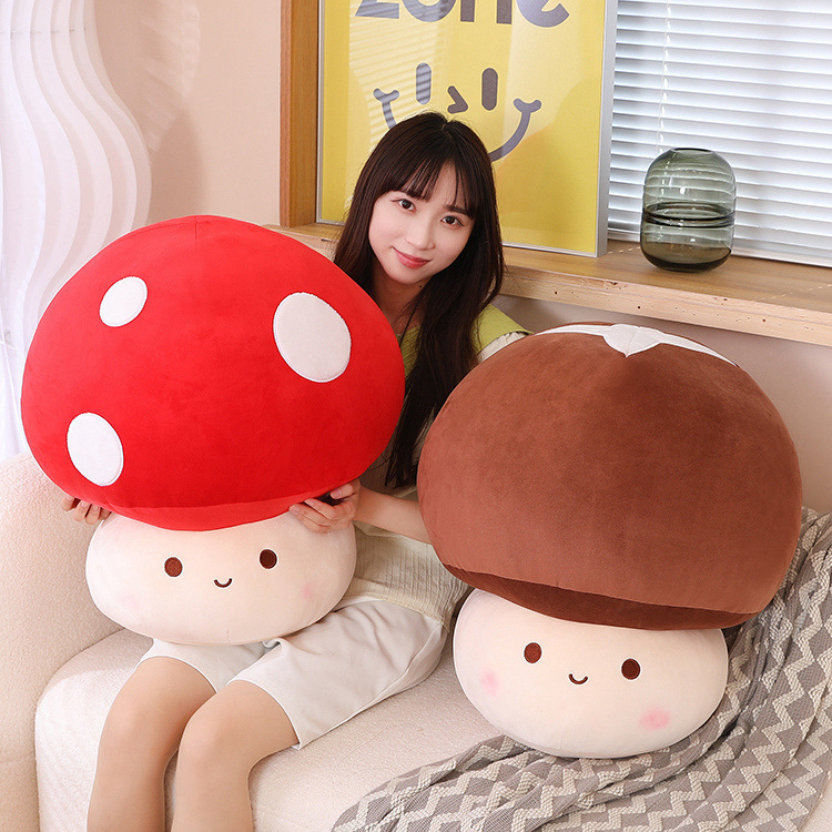 Large mushroom plush toys in red and brown designs with a soft and cuddly feel, perfect for lounging, hugging, or adding a warm and cozy touch to bedroom or sofa decor