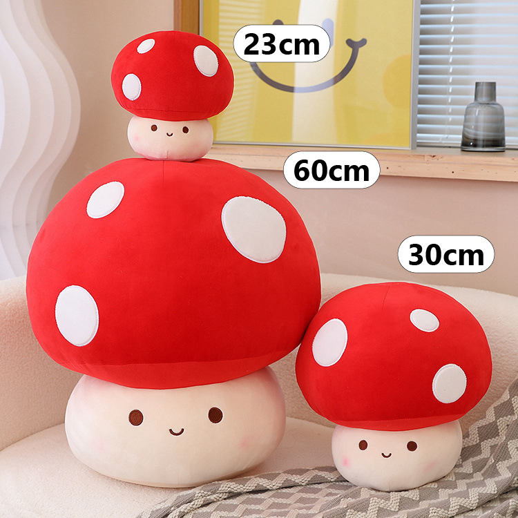 Mushroom plush toy size comparison showing 23 cm, 30 cm, and 60 cm options, ideal for different uses such as small decor, hugging, or a large cozy companion