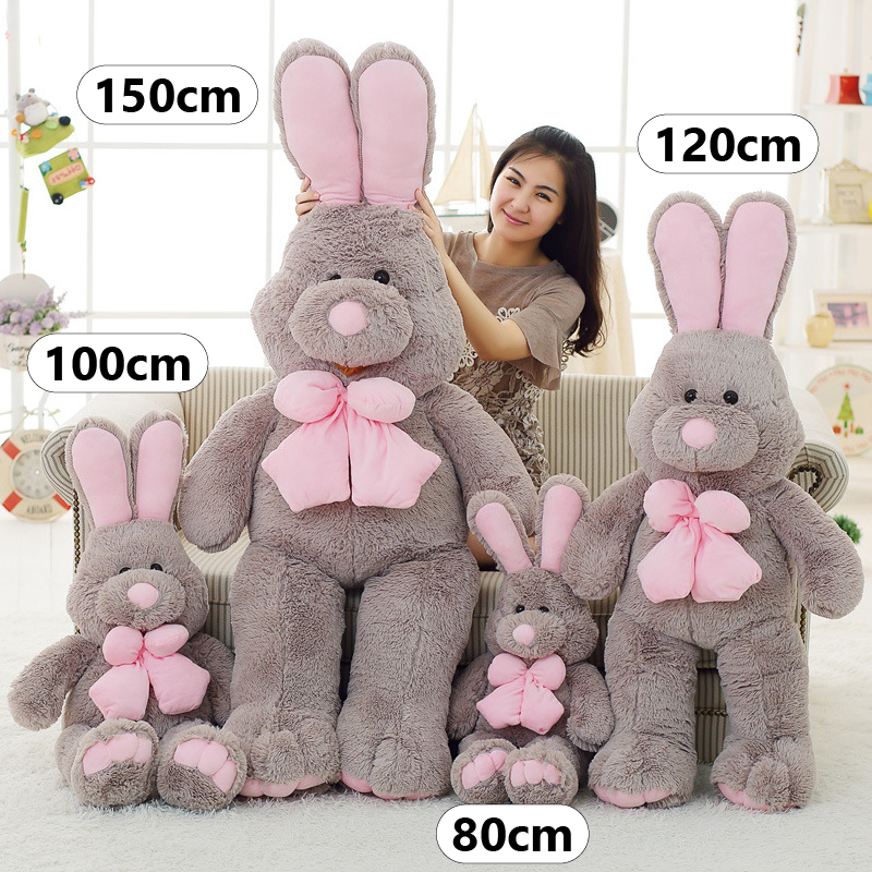 Rabbit plush toy size comparison showing 80 cm, 100 cm, 120 cm, and 150 cm options for hugging, resting, and home decoration