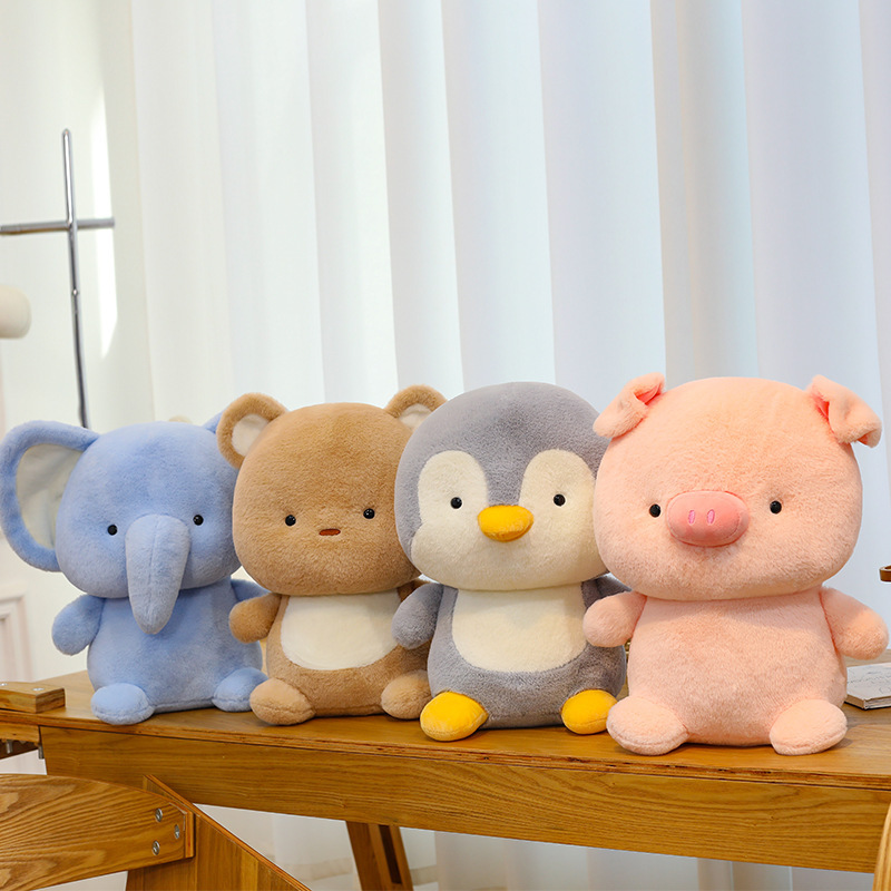 Elephant, bear, penguin and pig plush toys with soft smooth fabric and rounded shapes, cute stuffed animals for home decor and relaxing spaces