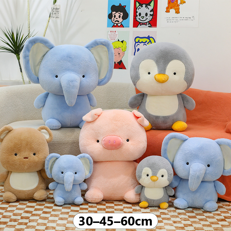 Animal plush toys in pig, bear, elephant and penguin designs with 30 cm 45 cm and 60 cm size options, soft plush companions for hugging and decorating