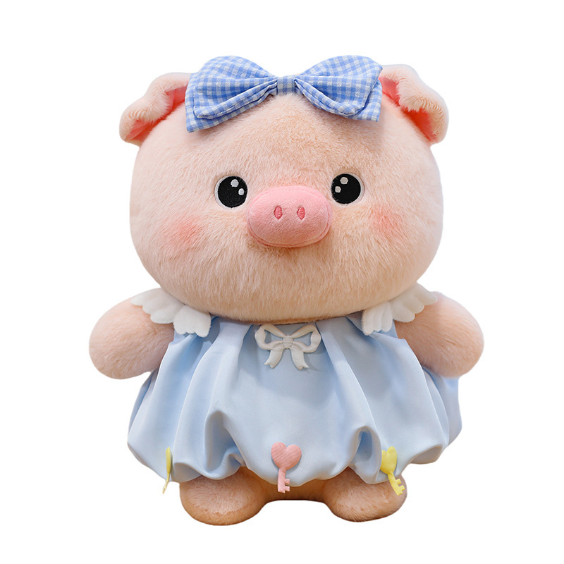 Bubble pig plush toy in blue dress with bow detail, soft plush fabric and rounded design, perfect for cuddling, display, and gift giving
