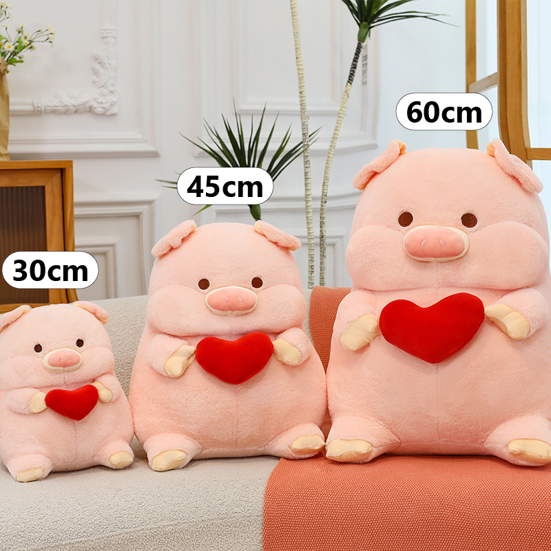 Cute pig plush toy size comparison in 30 cm, 45 cm and 60 cm, soft stuffed animal pillow displayed on sofa for home decor and hugging use