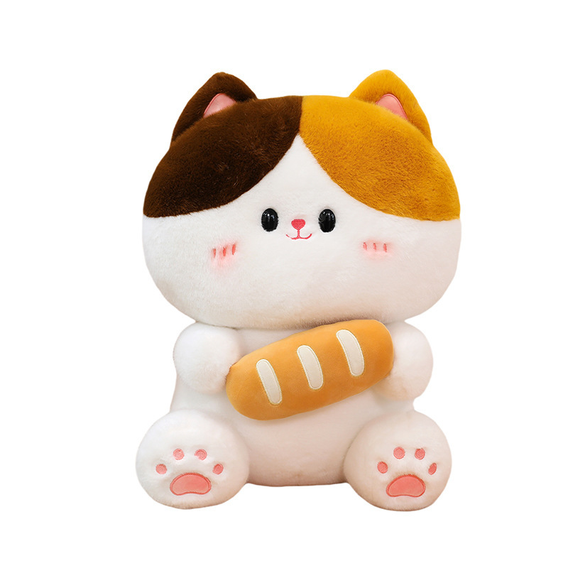 Baguette cat plush toy with bread design featuring soft plush material cute face details and rounded body shape on white background