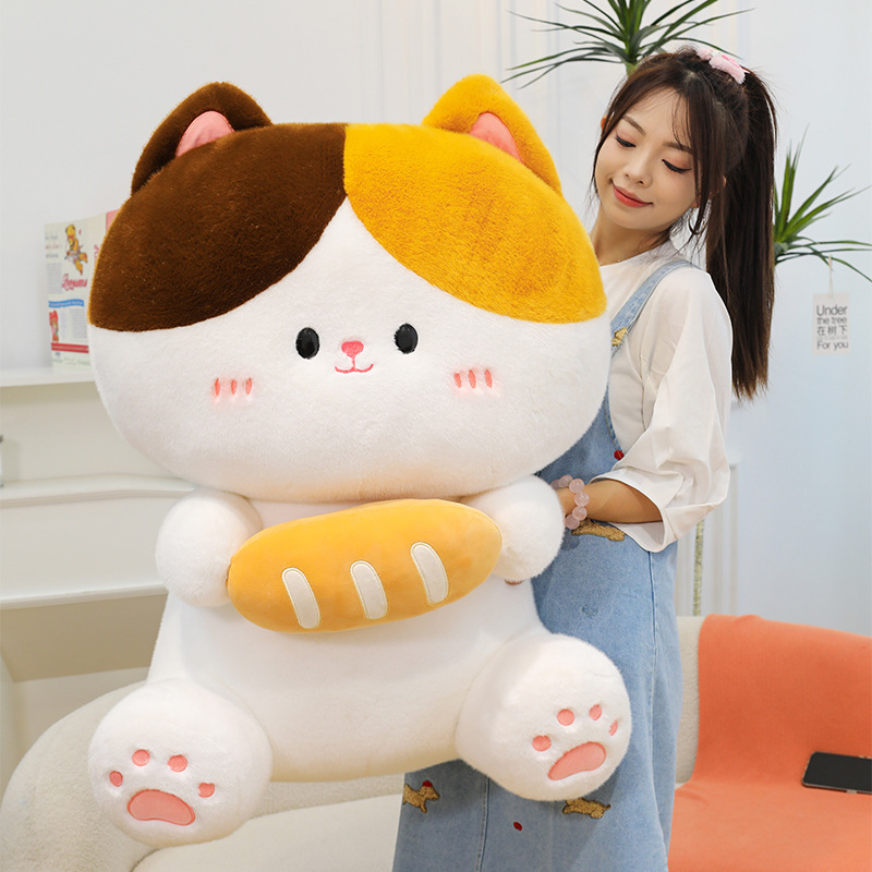 Baguette cat plush toy with soft plush fabric and bread design shown in cozy home setting highlighting cuddly texture and comfort