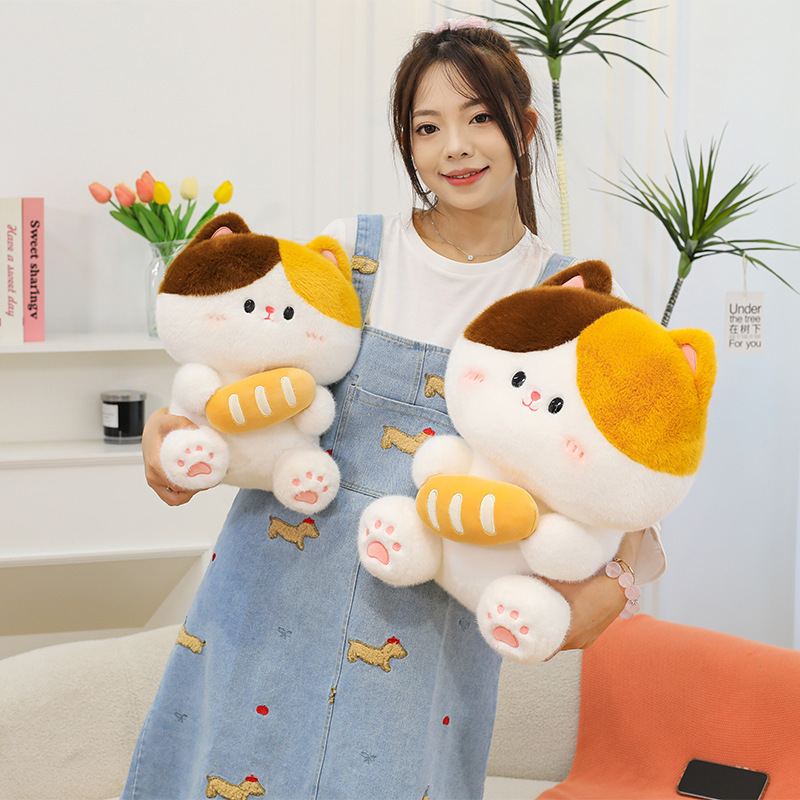 Baguette cat plush toys in different sizes displayed together highlighting soft plush material cute design and size options for home decor