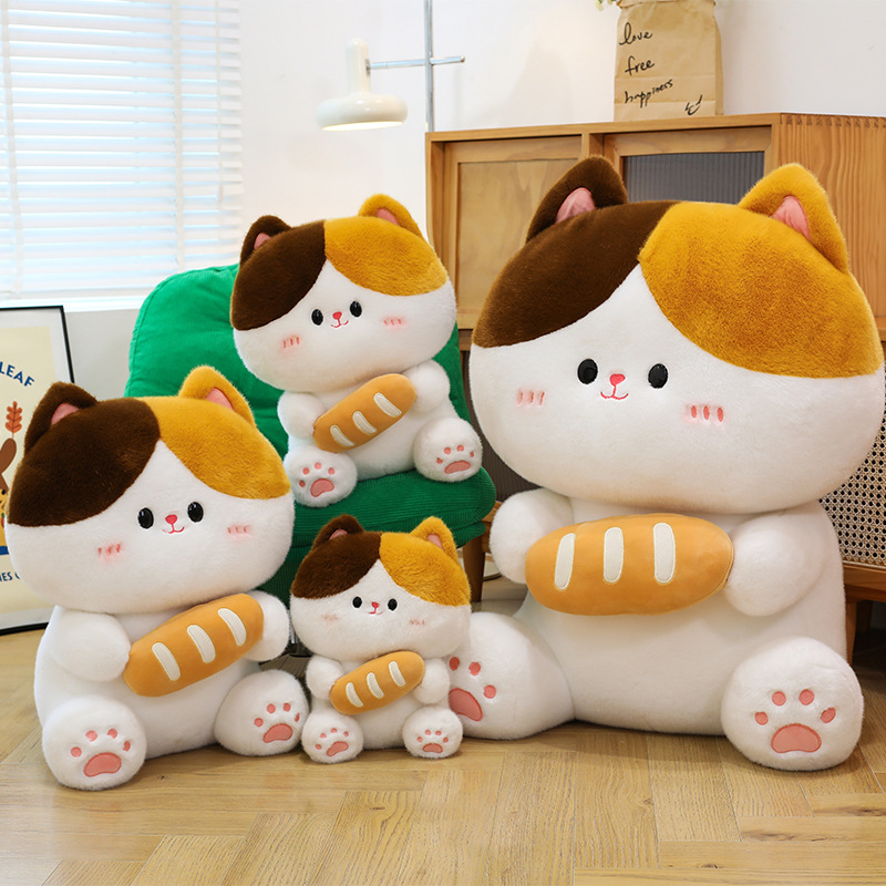 Baguette cat plush toy in a full size range displayed together on floor highlighting soft plush fabric cute design and size options for home decor