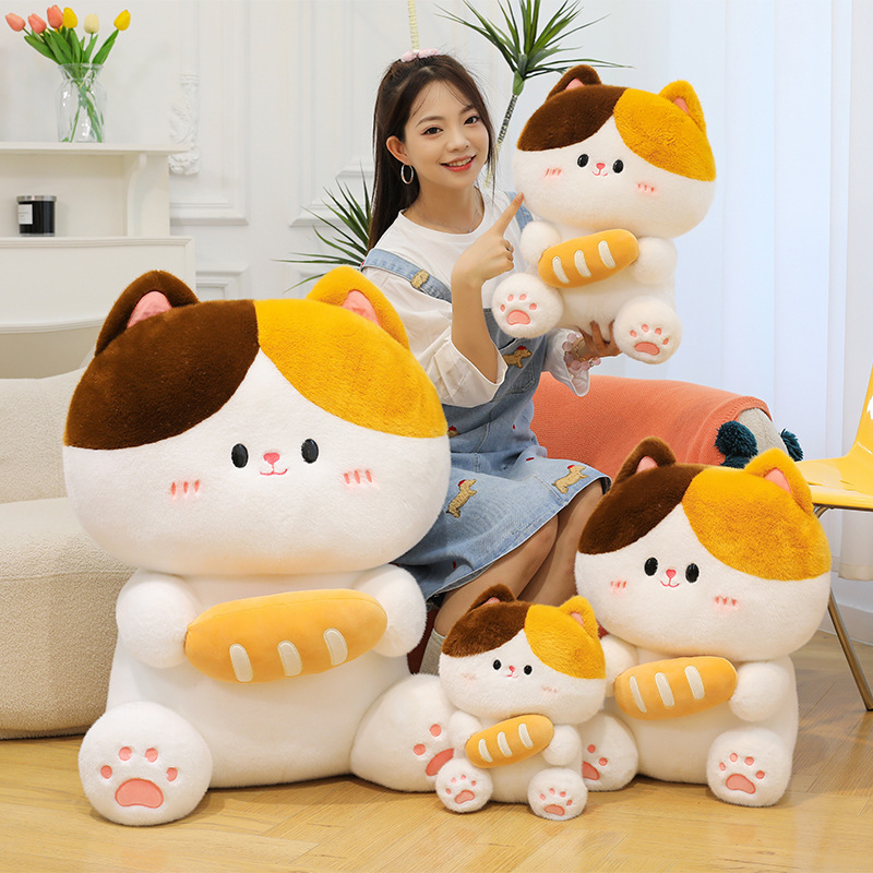 Baguette cat plush toy full size range displayed together highlighting soft plush fabric cute design and suitability for hugging and home decor