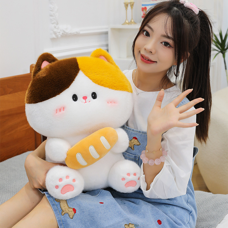 Baguette cat plush toy showing soft plush fabric smooth texture and cuddly design suitable for hugging and everyday comfort