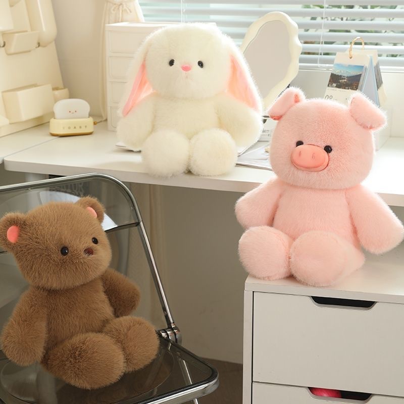 Pig, bear and rabbit plush toys displayed on a desk, soft fluffy texture with a cozy indoor setting, perfect for home decor and cuddling