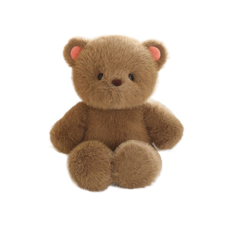 Brown bear plush toy on white background, soft fluffy fabric with a rounded cute design, ideal for hugging and as a cozy decorative plush